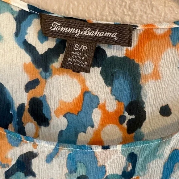 Tommy Bahama Women's Blue Orange White Abstract Print Sheer 100% Silk Blouse SM - Picture 3 of 7